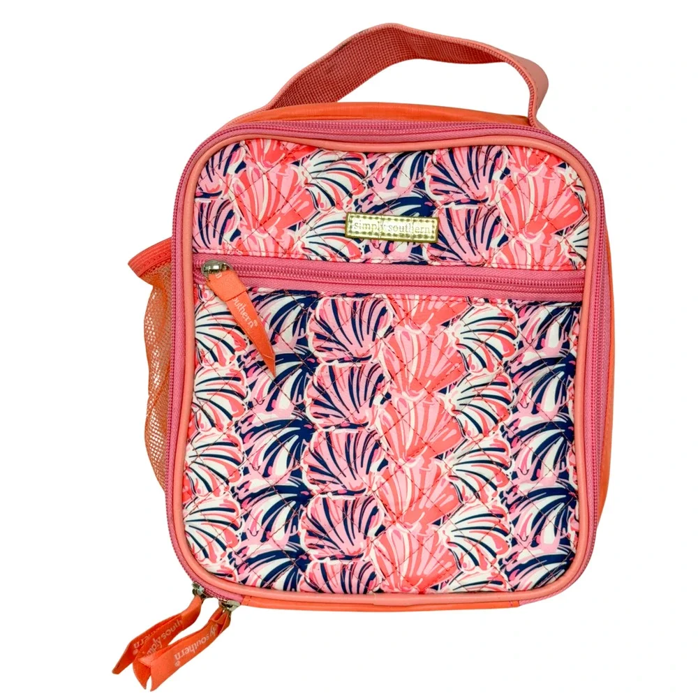 Simply Southern Insulated Lunchbox Pink White Scallop Shells Quilted 9